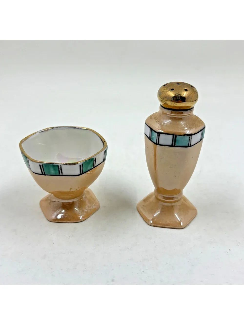 Vintage Japanese Lusterware Art Deco style Salt and Pepper shaker and cup